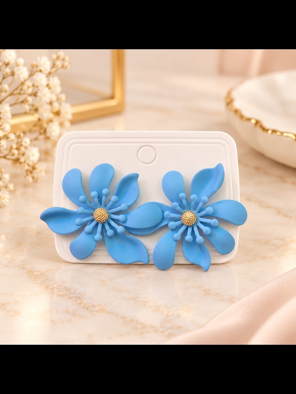Blue Floral Statement Earrings - Women's Accessories